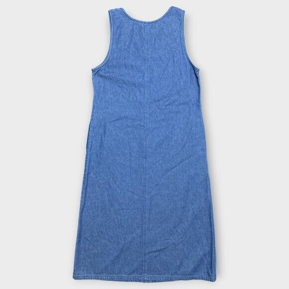 Vintage Womens Dress L Embroidery Floral Denim Maxi Pockets A-Line Retro Teacher - Picture 2 of 8